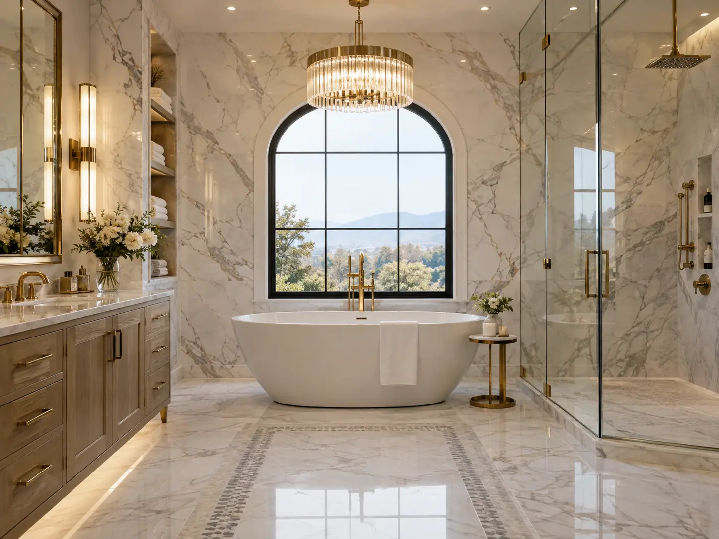 Luxury marble primary bathroom with freestanding tub, chandelier and brass fixtures