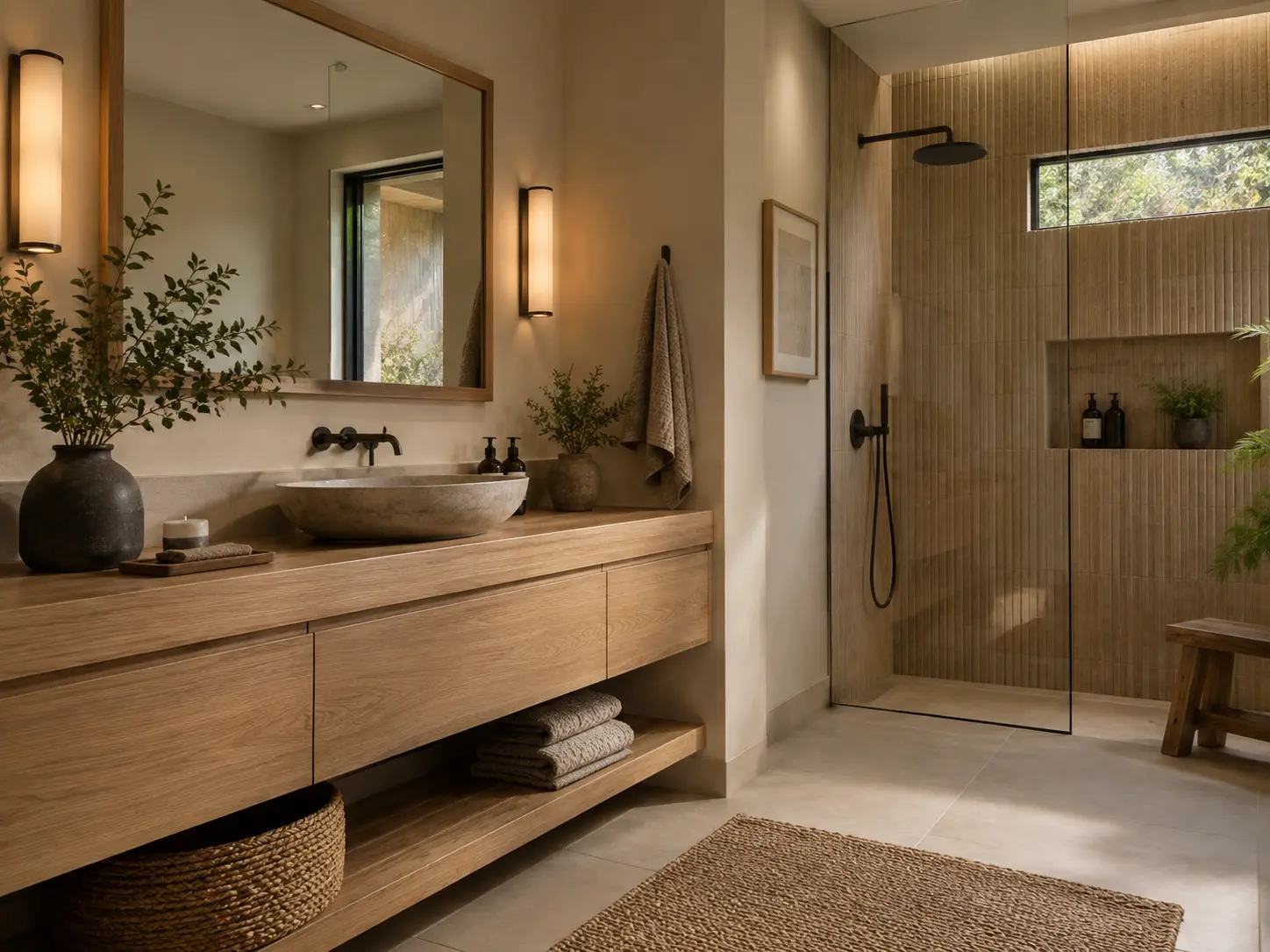 Japandi style bathroom with white oak vanity, stone vessel sink and fluted shower tile