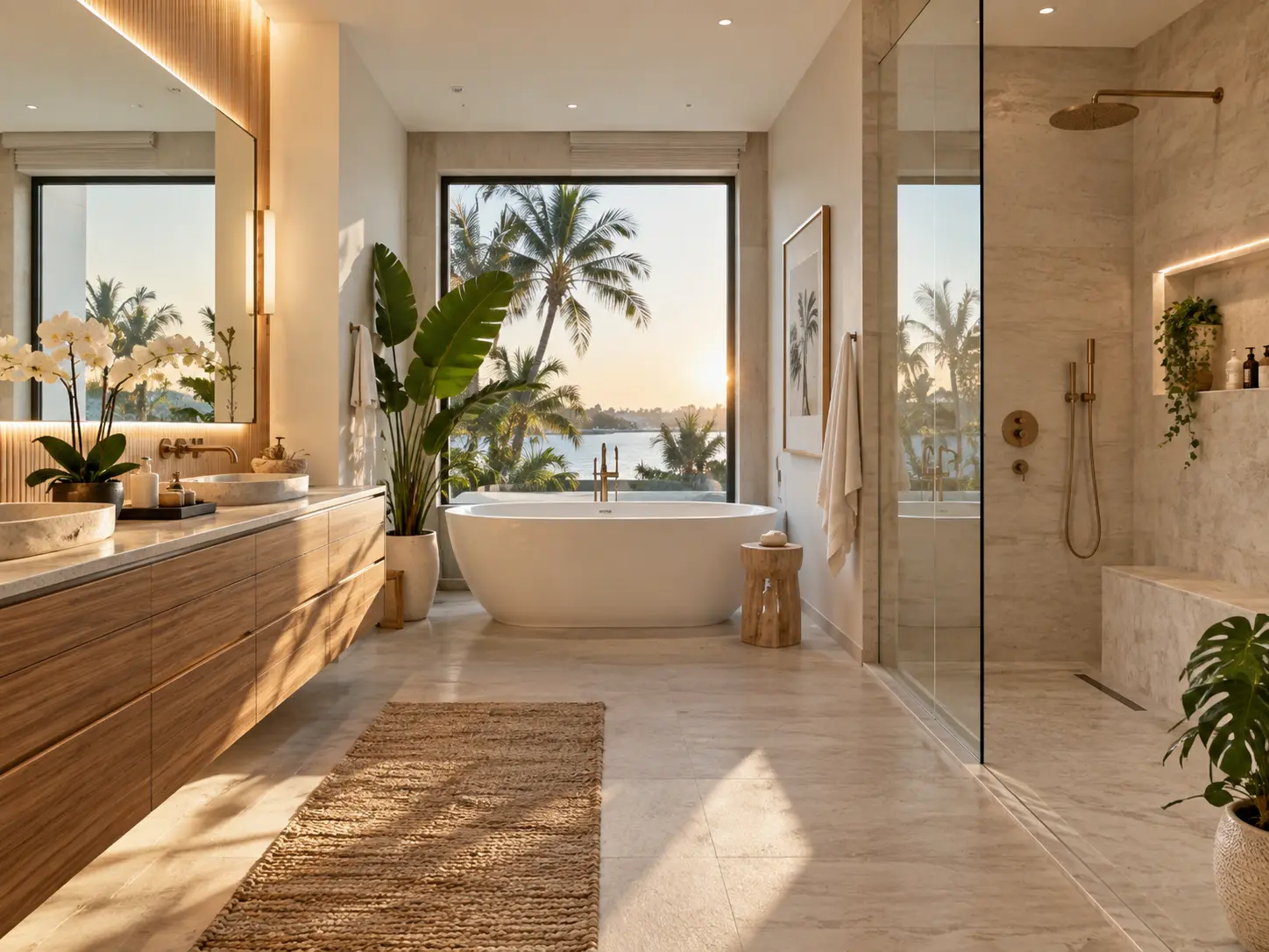 Coastal spa style bathroom design with freestanding tub, wood vanity and large window
