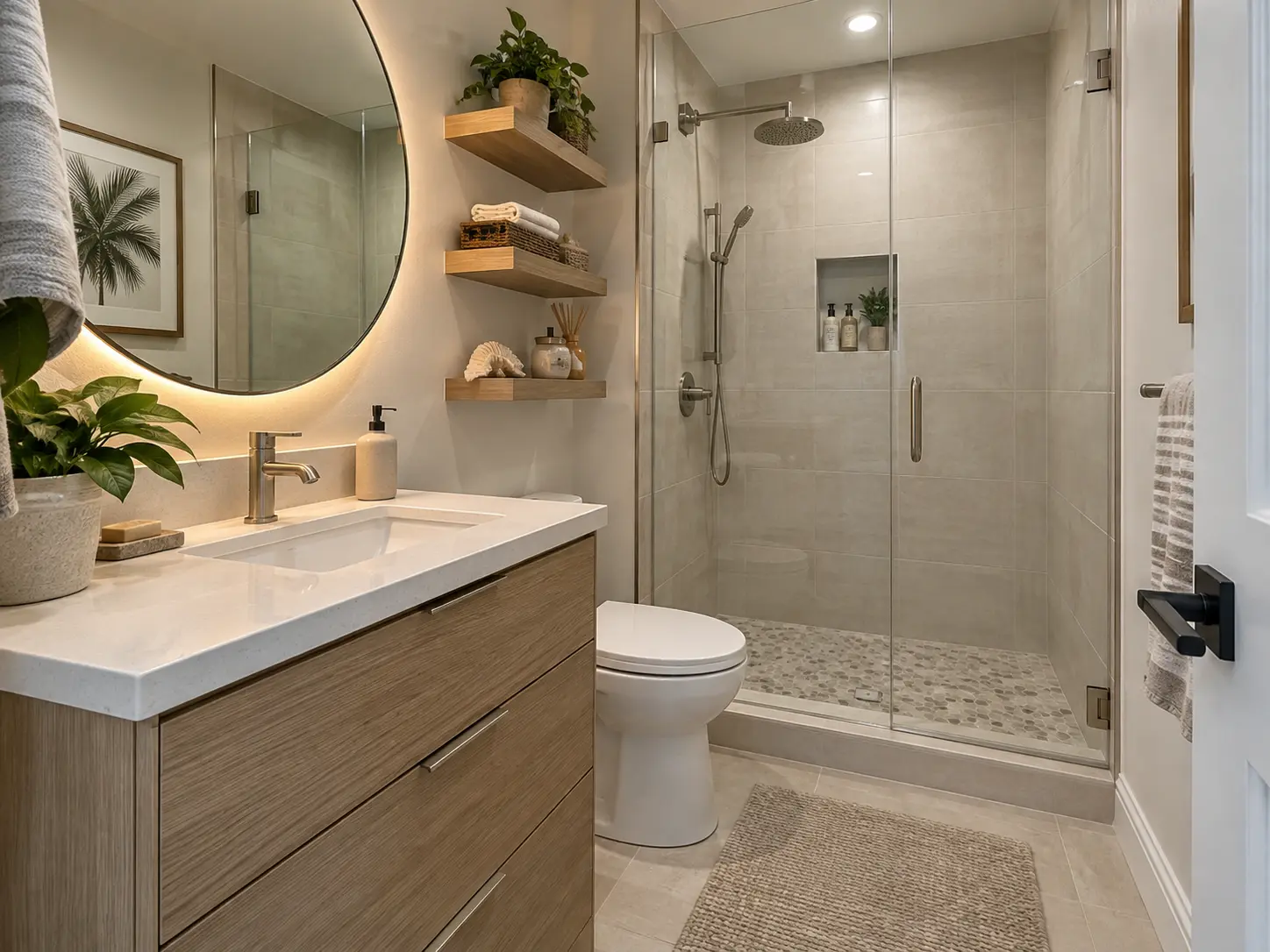 Compact condo bathroom with backlit round mirror, floating vanity and glass shower